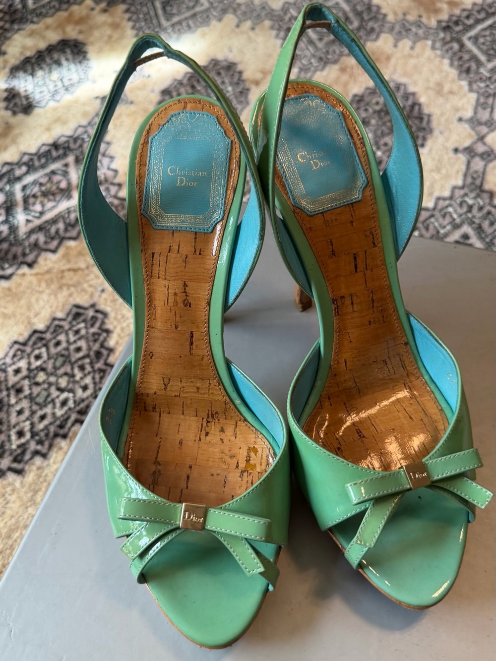 Dior Mint Green Patent Leather Peep-Toe Slingback Heels